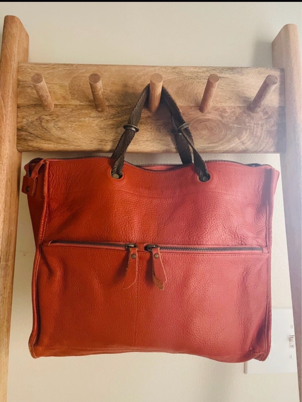 Large leather  custom crafted rust zipper  tote bag